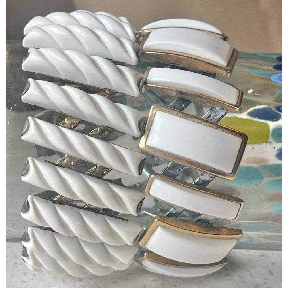 Expansion Bracelets MCM White Thermoset Lot Of 2 Rope Rectangular Retro Boho - Picture 6 of 6